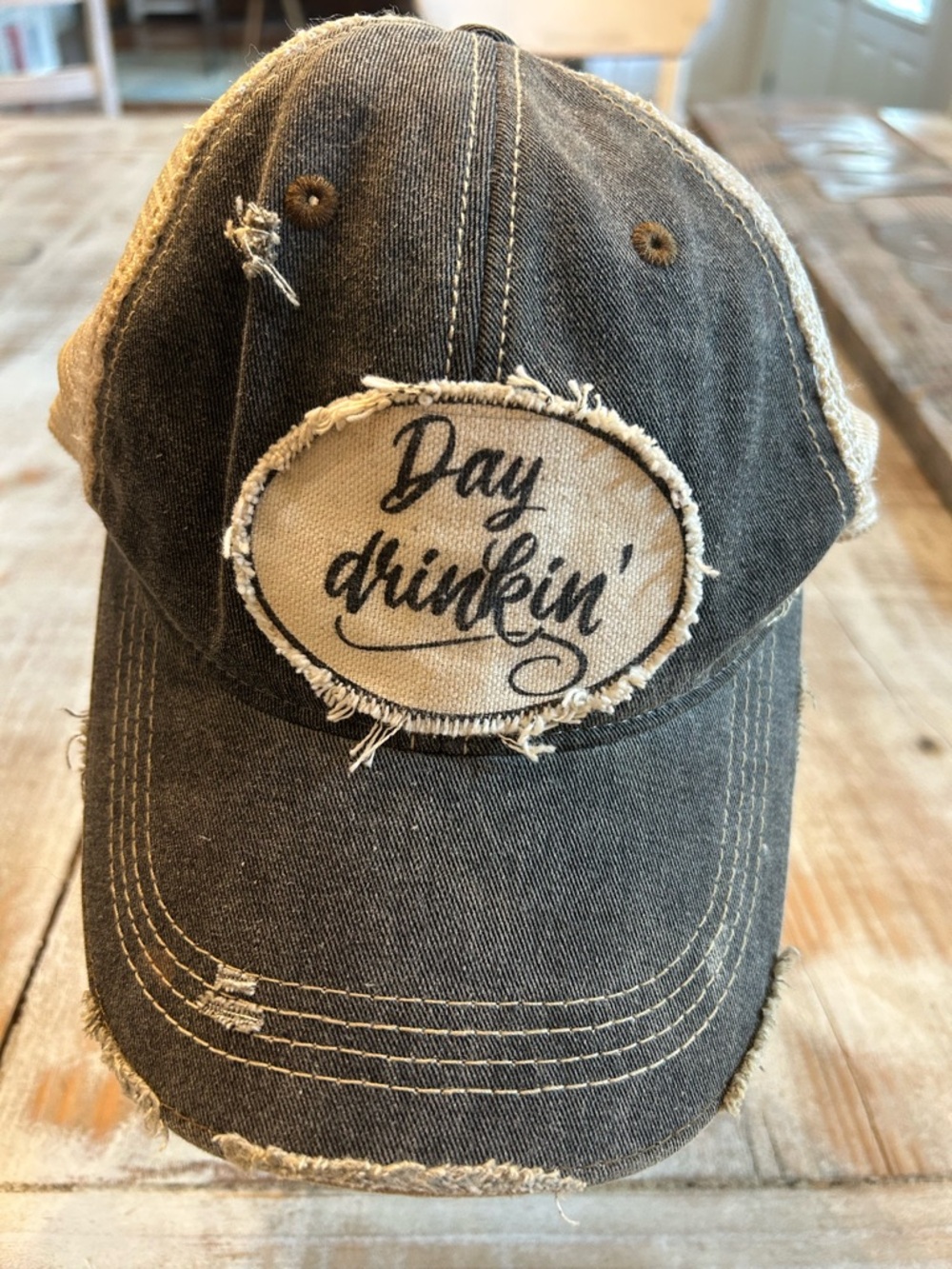 Distressed 'Day Drinkin'' Baseball Cap - Black and Tan